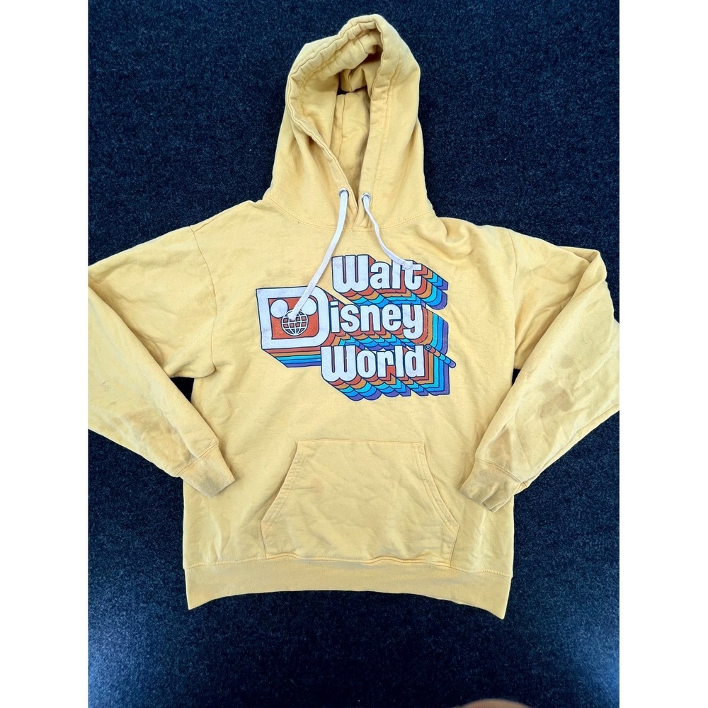 Vintage Walt Disney World Hoodie Women M Yellow Retro Rainbow Graphic Sweatshirt